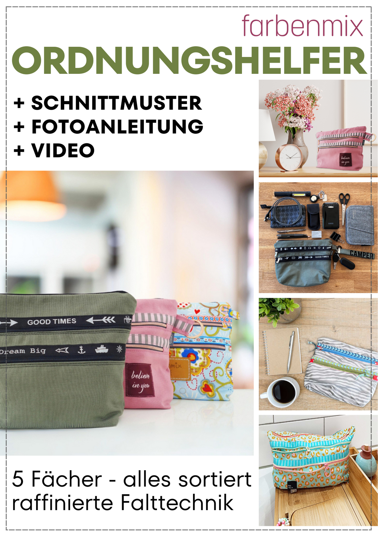 Ordnungshelfer – Nähanleitung Stifte- & Kosmetiktasche mit Reißverschlussfächern, Schnittmuster-Ebook